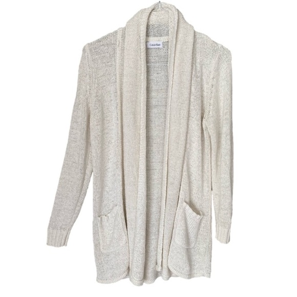 CALVIN KLEIN Cardigan Drape Open Front Pockets Creamy White Knit Women - Picture 1 of 11